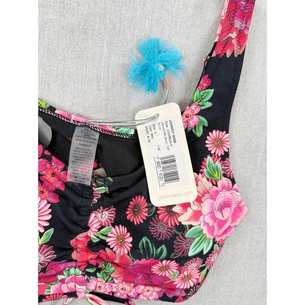 Johnny Was Blum Drawcord Bikini Top‎ Floral Black CSW6524-N New